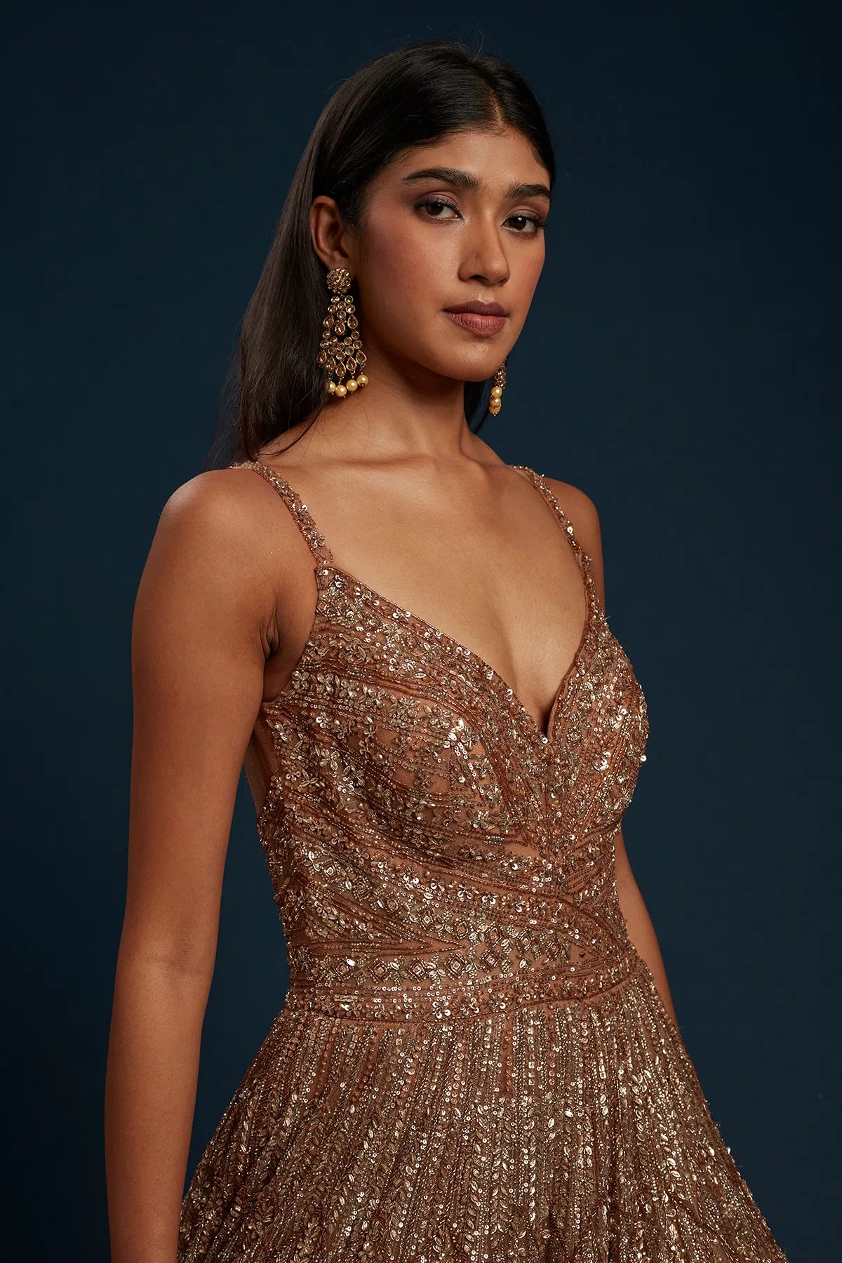 hocolate Brown Cocktail Net Gown with Sequins Work-GF4878