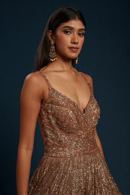 hocolate Brown Cocktail Net Gown with Sequins Work-GF4878