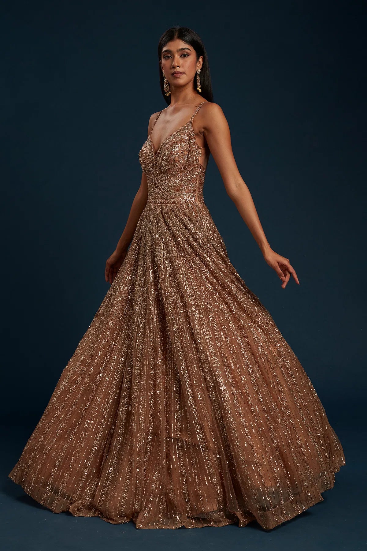 hocolate Brown Cocktail Net Gown with Sequins Work-GF4878