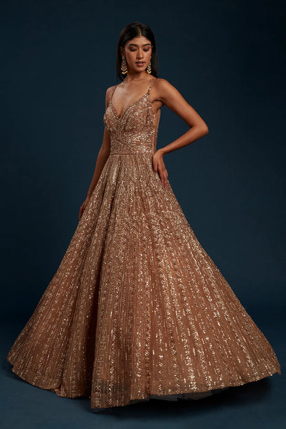 hocolate Brown Cocktail Net Gown with Sequins Work-GF4878