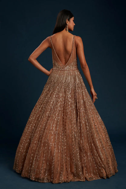hocolate Brown Cocktail Net Gown with Sequins Work-GF4878