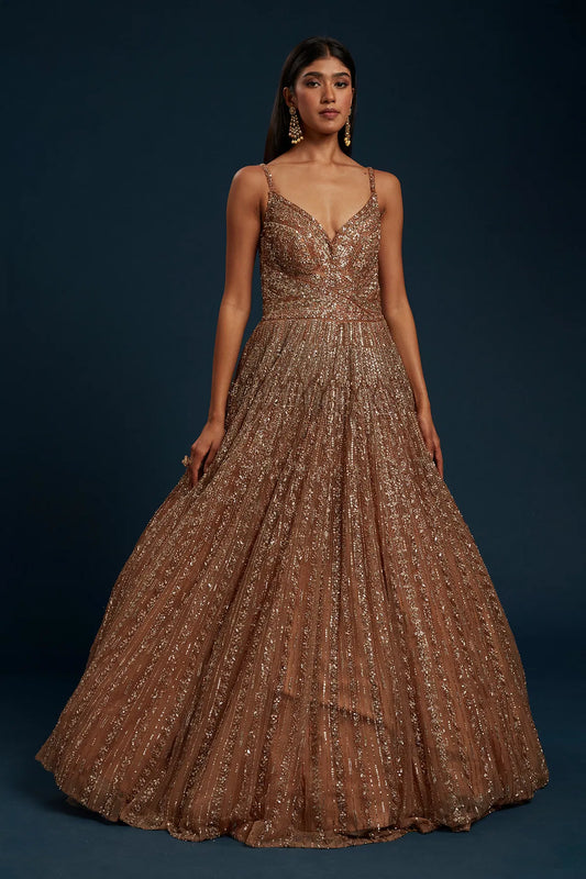 hocolate Brown Cocktail Net Gown with Sequins Work-GF4878