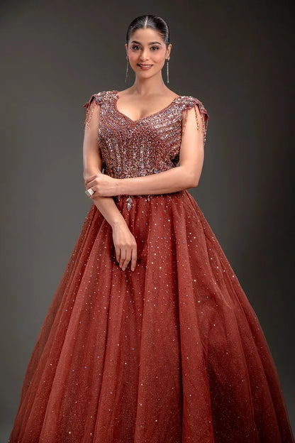 Coral Pink Net Pearl Embroidered Evening Gown-JE4724