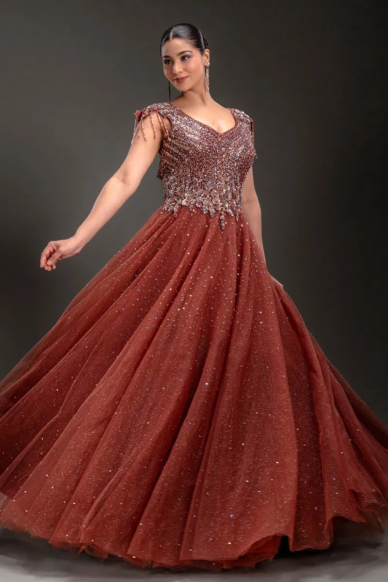Coral Pink Net Pearl Embroidered Evening Gown-JE4724