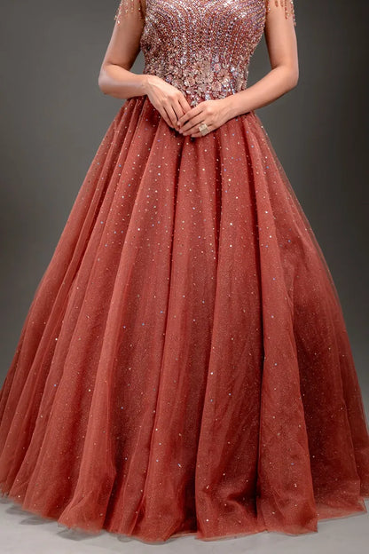Coral Pink Net Pearl Embroidered Evening Gown-JE4724