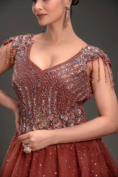 Coral Pink Net Pearl Embroidered Evening Gown-JE4724
