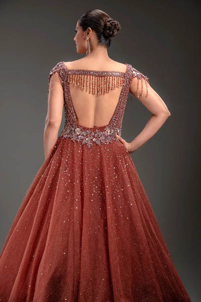Coral Pink Net Pearl Embroidered Evening Gown-JE4724