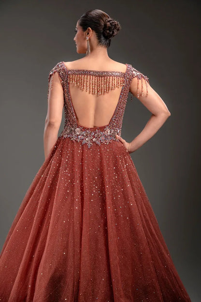 Coral Pink Net Pearl Embroidered Evening Gown-JE4724