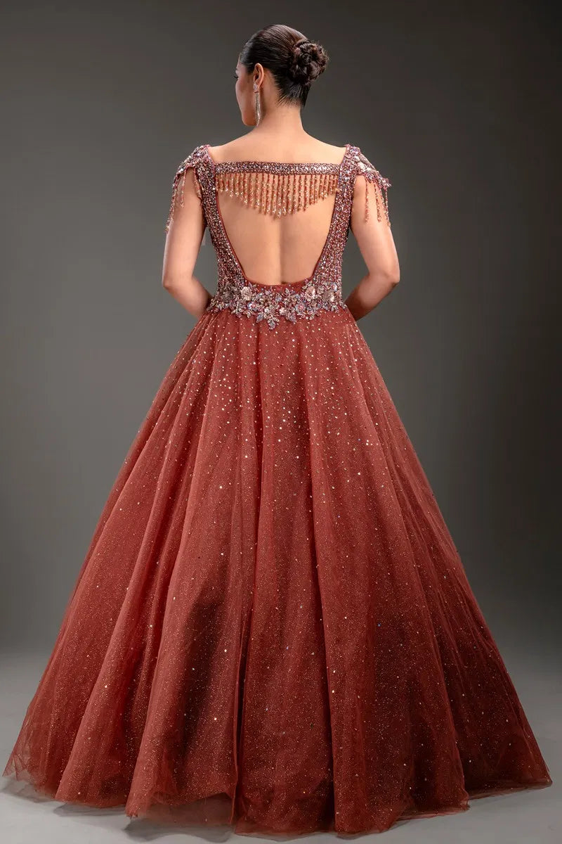 Coral Pink Net Pearl Embroidered Evening Gown-JE4724