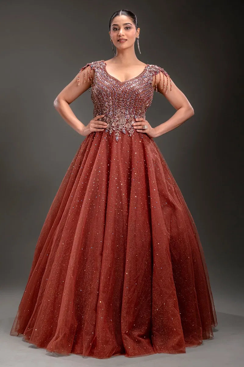 Coral Pink Net Pearl Embroidered Evening Gown-JE4724