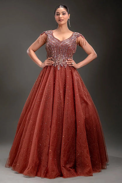 Coral Pink Net Pearl Embroidered Evening Gown-JE4724