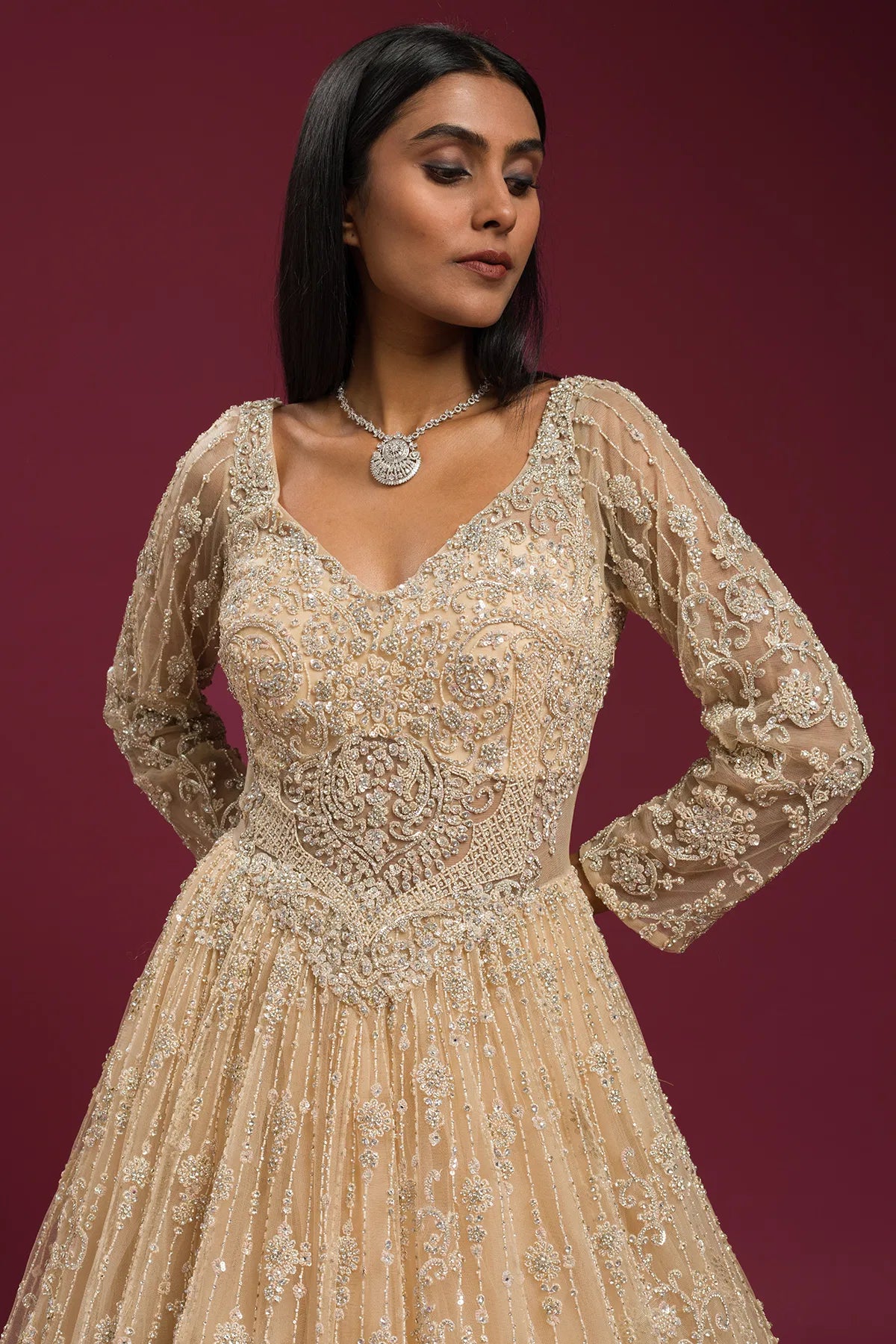 Cream Bead Embroidered Net Evening Gown with V Neck-GG1415