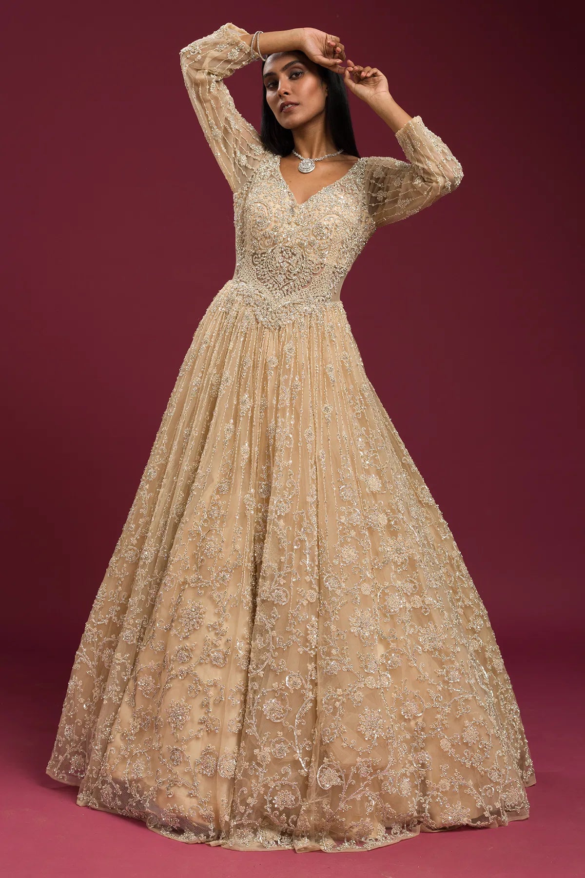 Cream Bead Embroidered Net Evening Gown with V Neck-GG1415