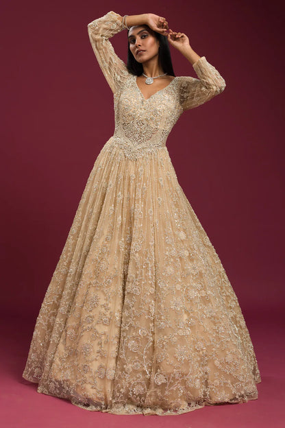 Cream Bead Embroidered Net Evening Gown with V Neck-GG1415