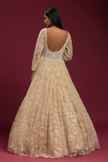 Cream Bead Embroidered Net Evening Gown with V Neck-GG1415