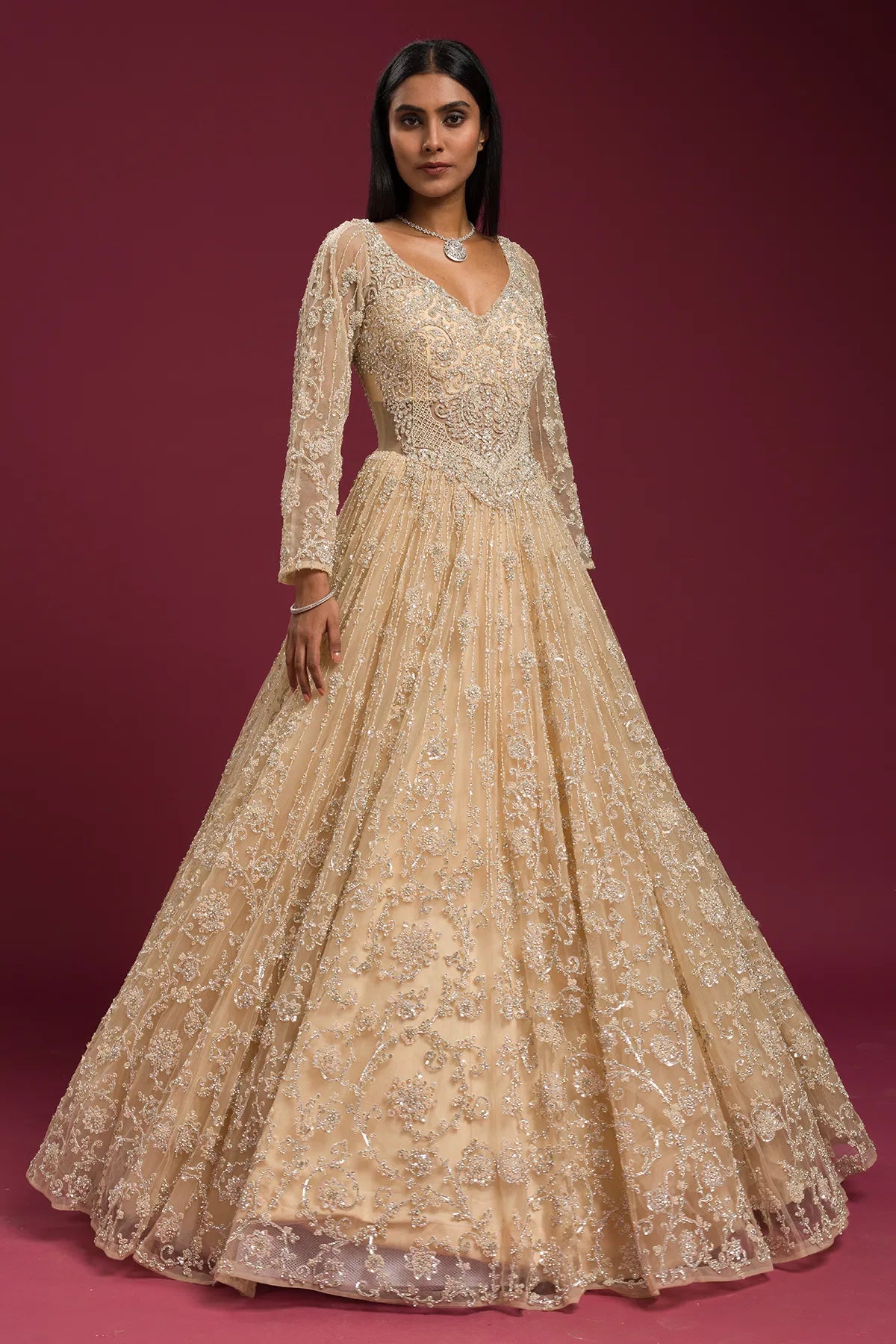 Cream Bead Embroidered Net Evening Gown with V Neck-GG1415