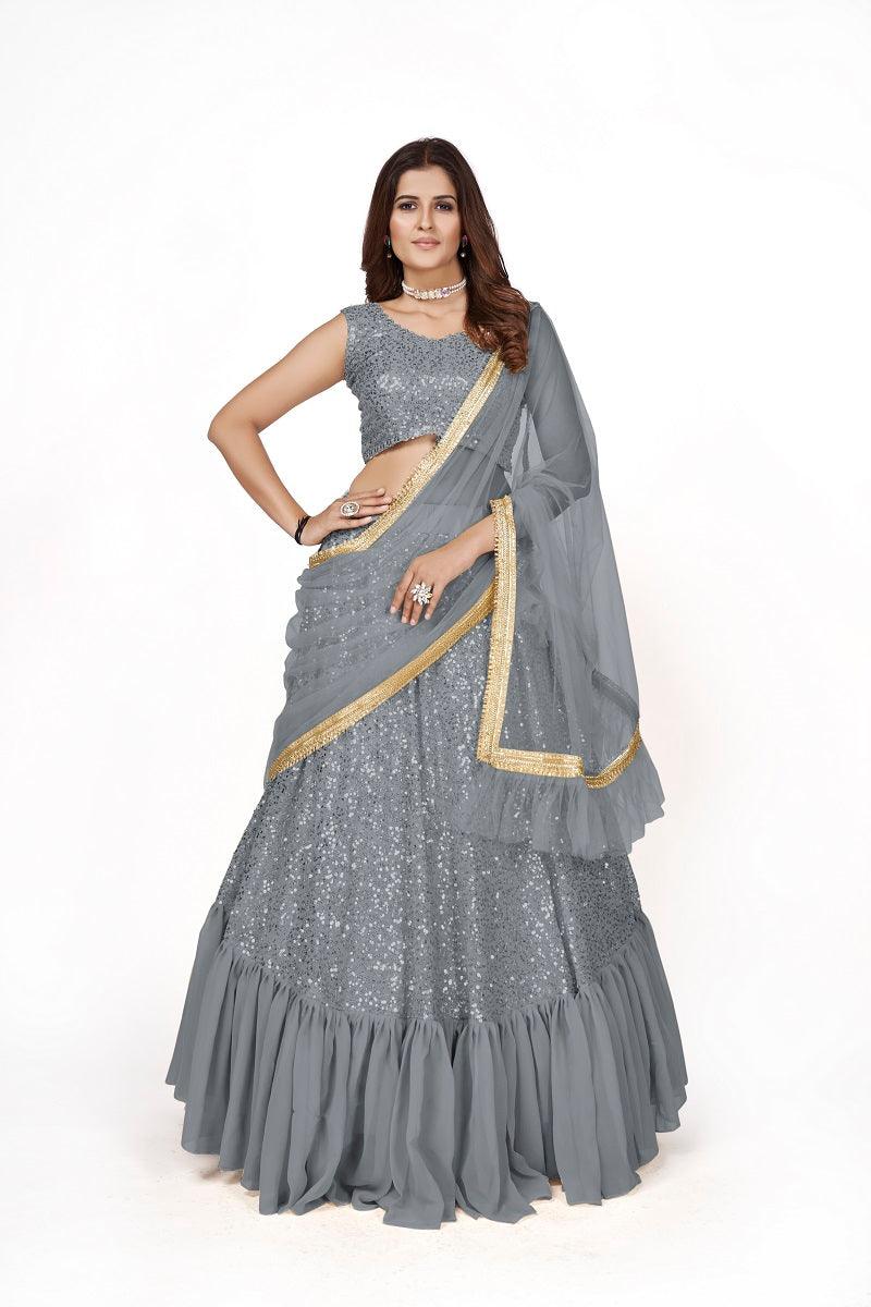 Odette Women Designer Grey Georgette Semi Stitched Lehenga With Unstitched Blouse