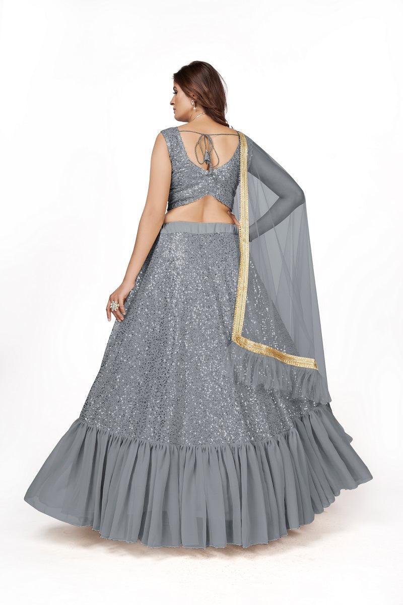 Odette Women Designer Grey Georgette Semi Stitched Lehenga With Unstitched Blouse