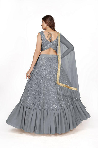 Odette Women Designer Grey Georgette Semi Stitched Lehenga With Unstitched Blouse