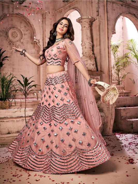 Odette Women Peach Semi Stitched Lehenga With Blouse