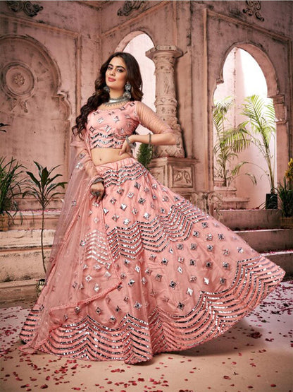 Odette Women Peach Semi Stitched Lehenga With Blouse