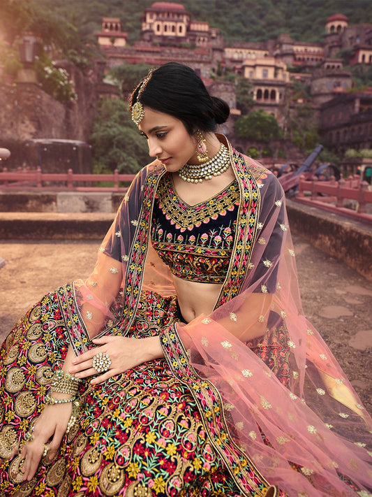 Odette Women Navy Blue Thread With Mutli Sequins Work Semi Stitched Lehenga With Unstitched Blouse