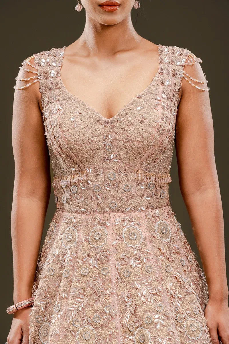Dusty Pink Sequins Embroidered Net Evening Gown-JE2419