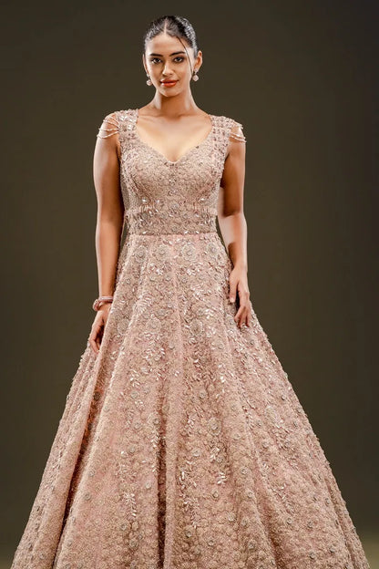 Dusty Pink Sequins Embroidered Net Evening Gown-JE2419