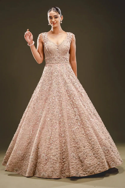 Dusty Pink Sequins Embroidered Net Evening Gown-JE2419