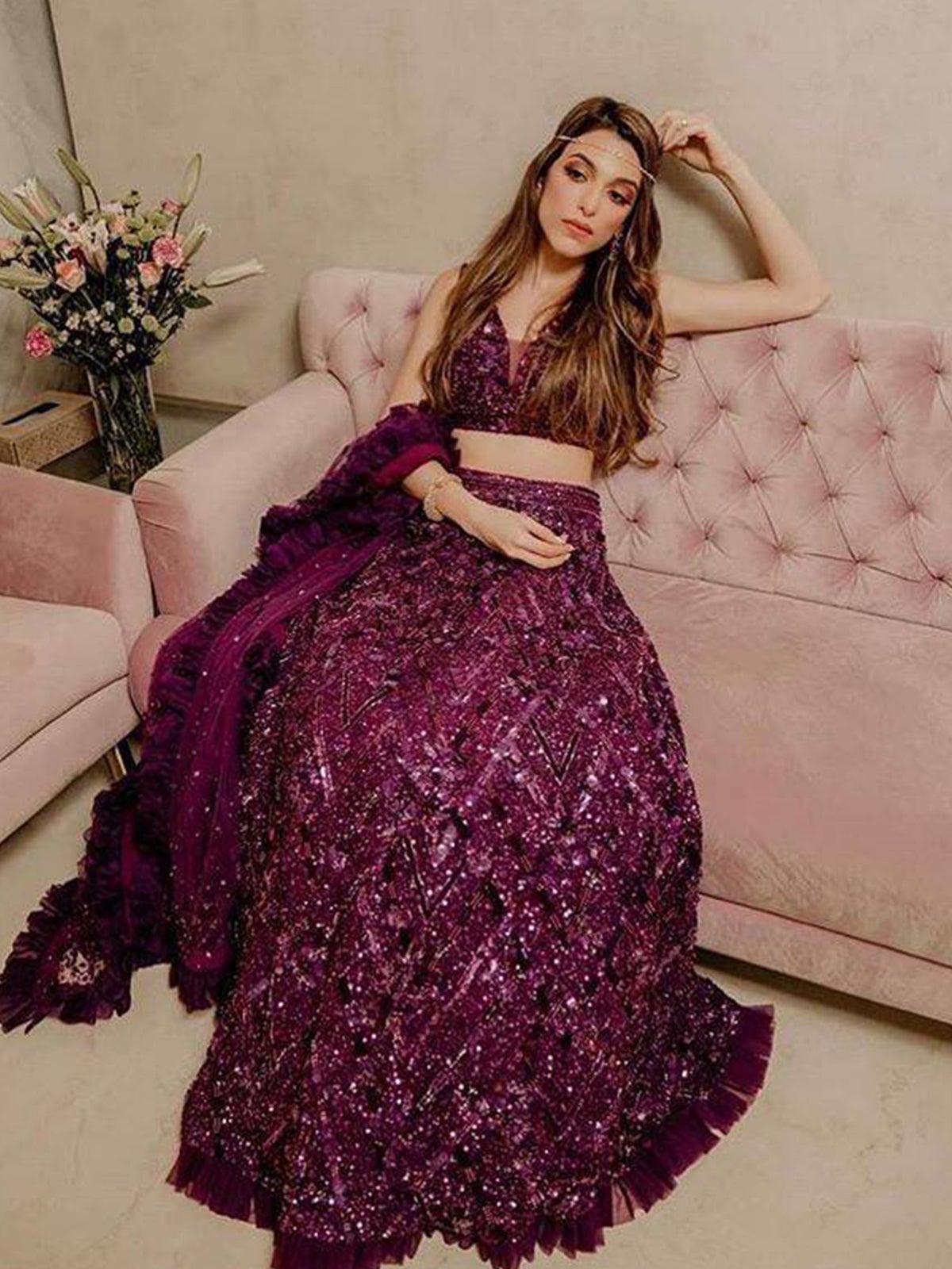 Odette Women Flashy Purple Semi Stitched Lehenga With Unstitched Blouse