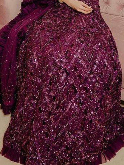 Odette Women Flashy Purple Semi Stitched Lehenga With Unstitched Blouse