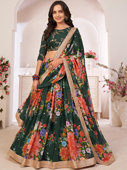 Odette Women Floral Green Georgette Semi Stitched Lehenga With Unstitched Blouse