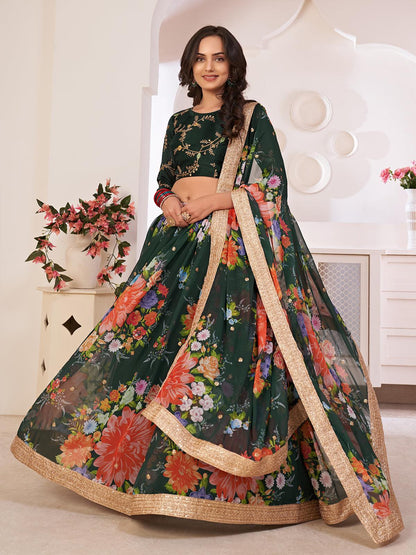 Odette Women Floral Green Georgette Semi Stitched Lehenga With Unstitched Blouse