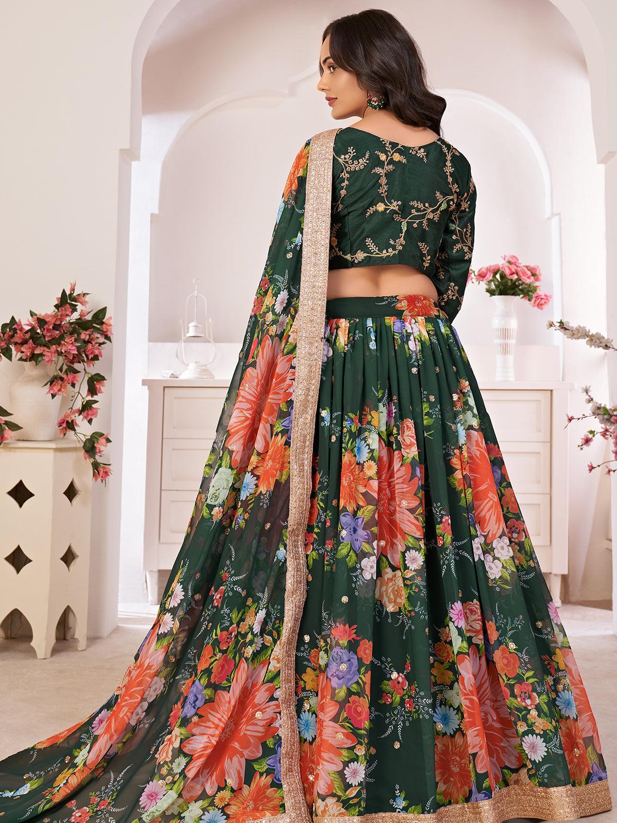 Odette Women Floral Green Georgette Semi Stitched Lehenga With Unstitched Blouse