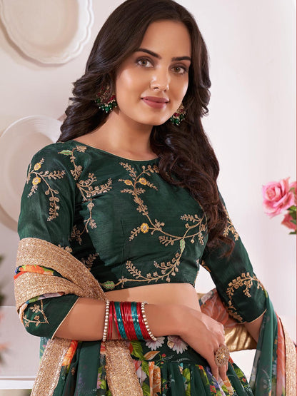 Odette Women Floral Green Georgette Semi Stitched Lehenga With Unstitched Blouse
