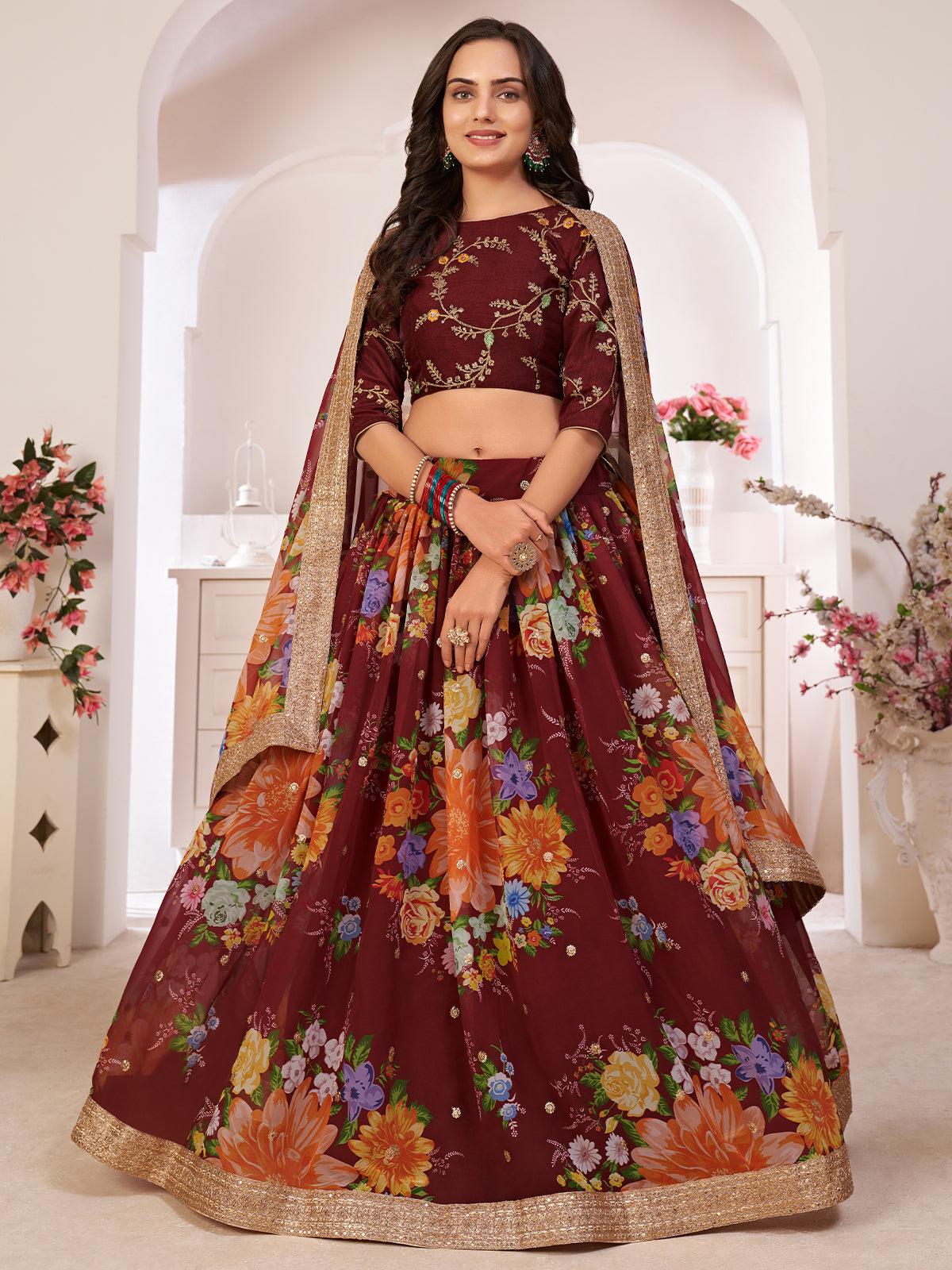 Odette Women Floral Maroon Georgette Semi Stitched Lehenga With Unstitched Blouse
