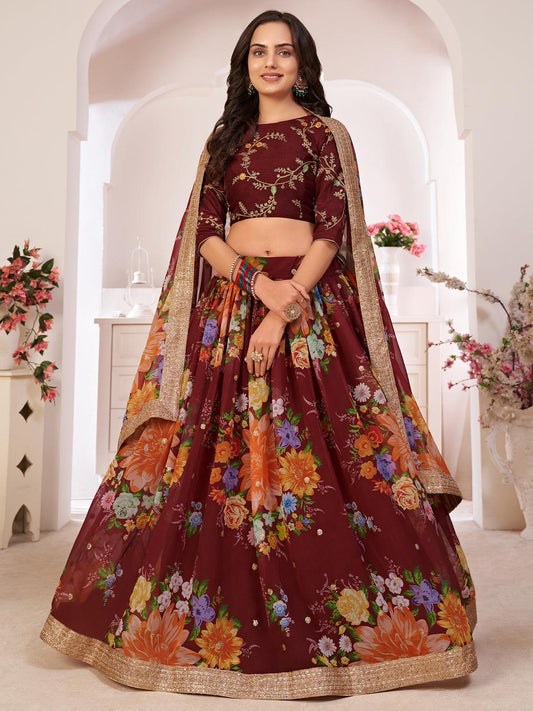 Odette Women Floral Maroon Georgette Semi Stitched Lehenga With Unstitched Blouse