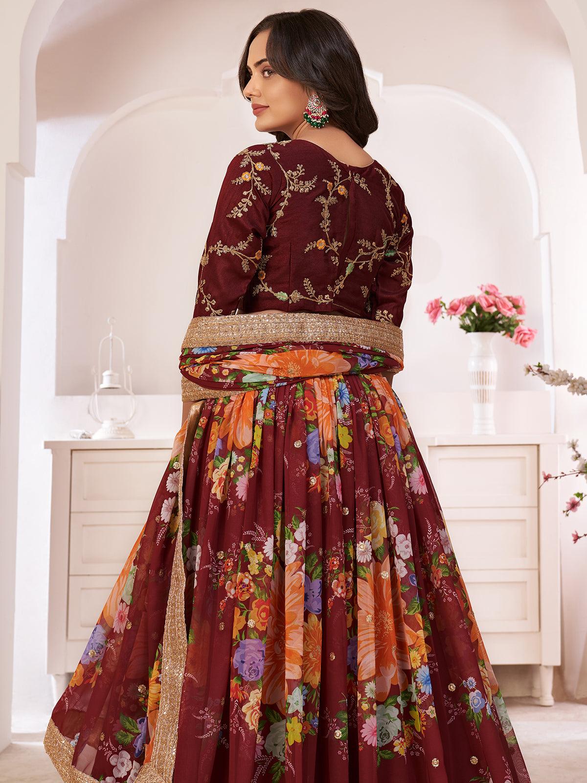 Odette Women Floral Maroon Georgette Semi Stitched Lehenga With Unstitched Blouse