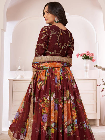 Odette Women Floral Maroon Georgette Semi Stitched Lehenga With Unstitched Blouse