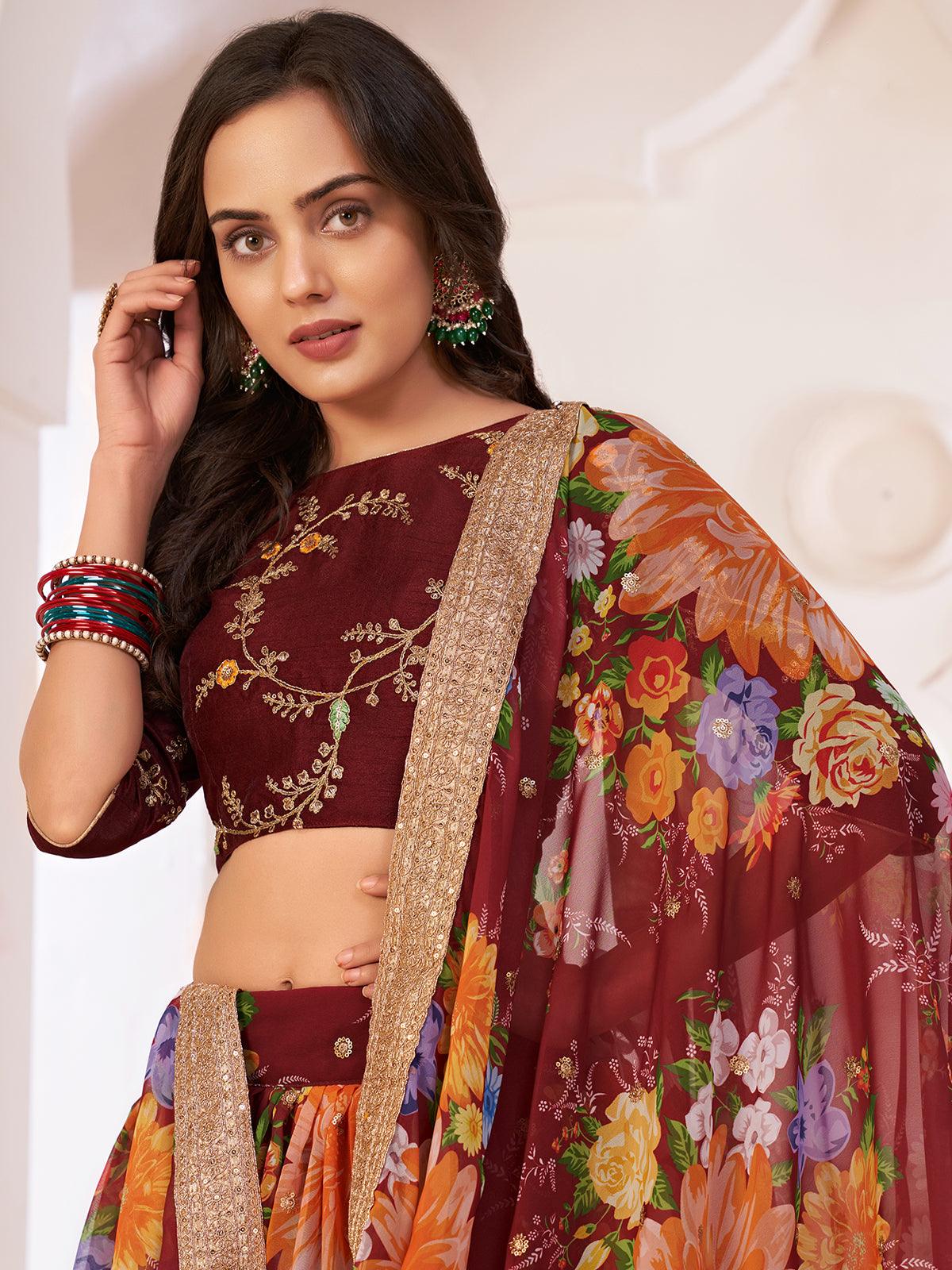 Odette Women Floral Maroon Georgette Semi Stitched Lehenga With Unstitched Blouse