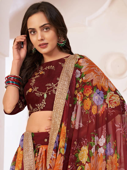 Odette Women Floral Maroon Georgette Semi Stitched Lehenga With Unstitched Blouse