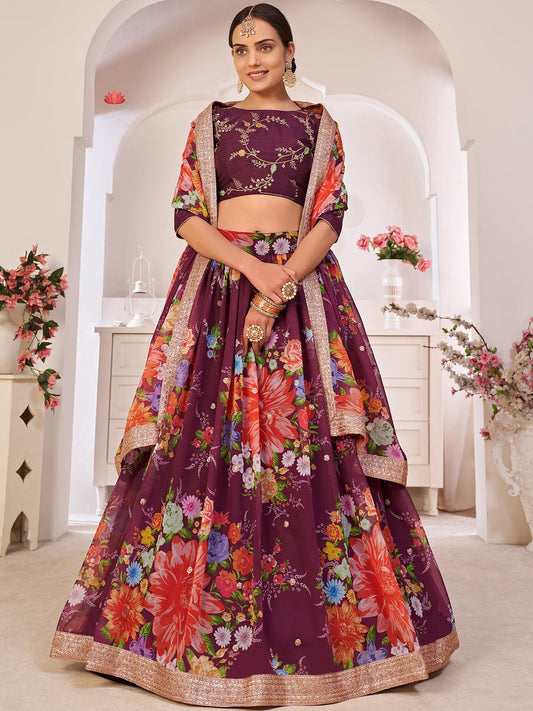 Odette Women Floral Violet Georgette Semi Stitched Lehenga With Unstitched Blouse