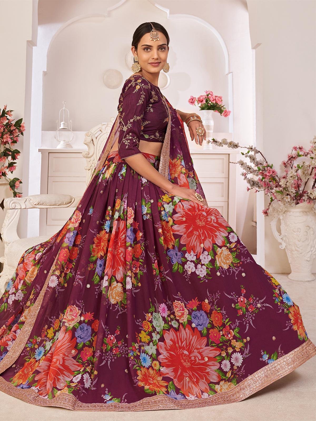 Odette Women Floral Violet Georgette Semi Stitched Lehenga With Unstitched Blouse