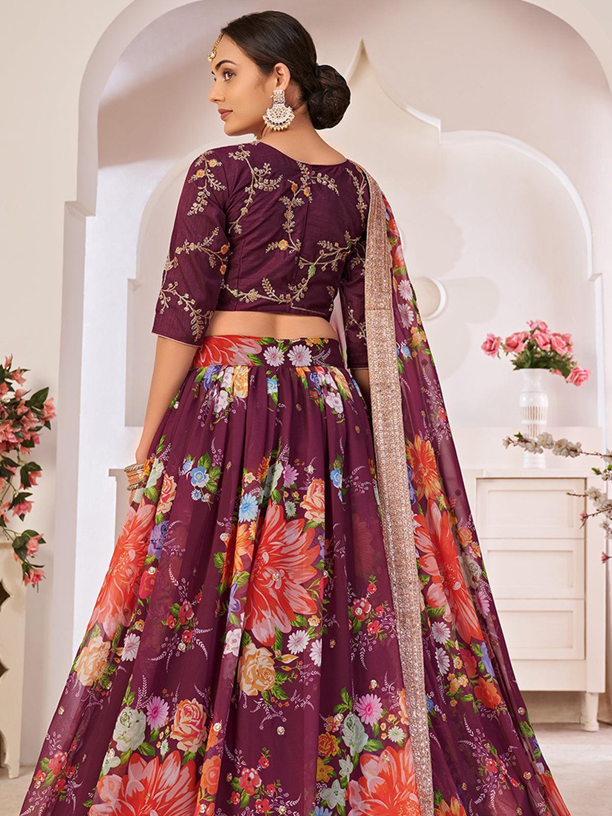 Odette Women Floral Violet Georgette Semi Stitched Lehenga With Unstitched Blouse