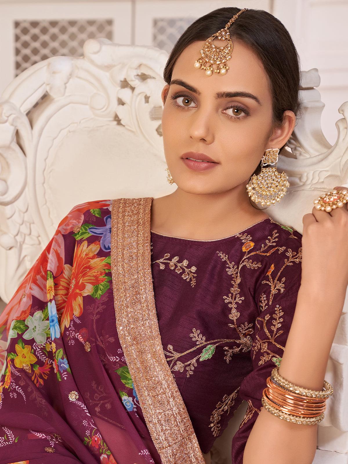 Odette Women Floral Violet Georgette Semi Stitched Lehenga With Unstitched Blouse