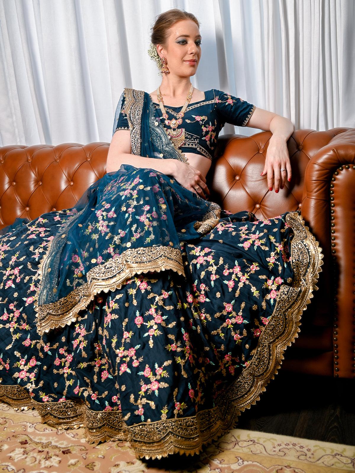 Odette Women Blue Floral Sassy Semi Stitched Lehenga With Unstitched Blouse