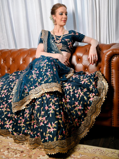 Odette Women Blue Floral Sassy Semi Stitched Lehenga With Unstitched Blouse