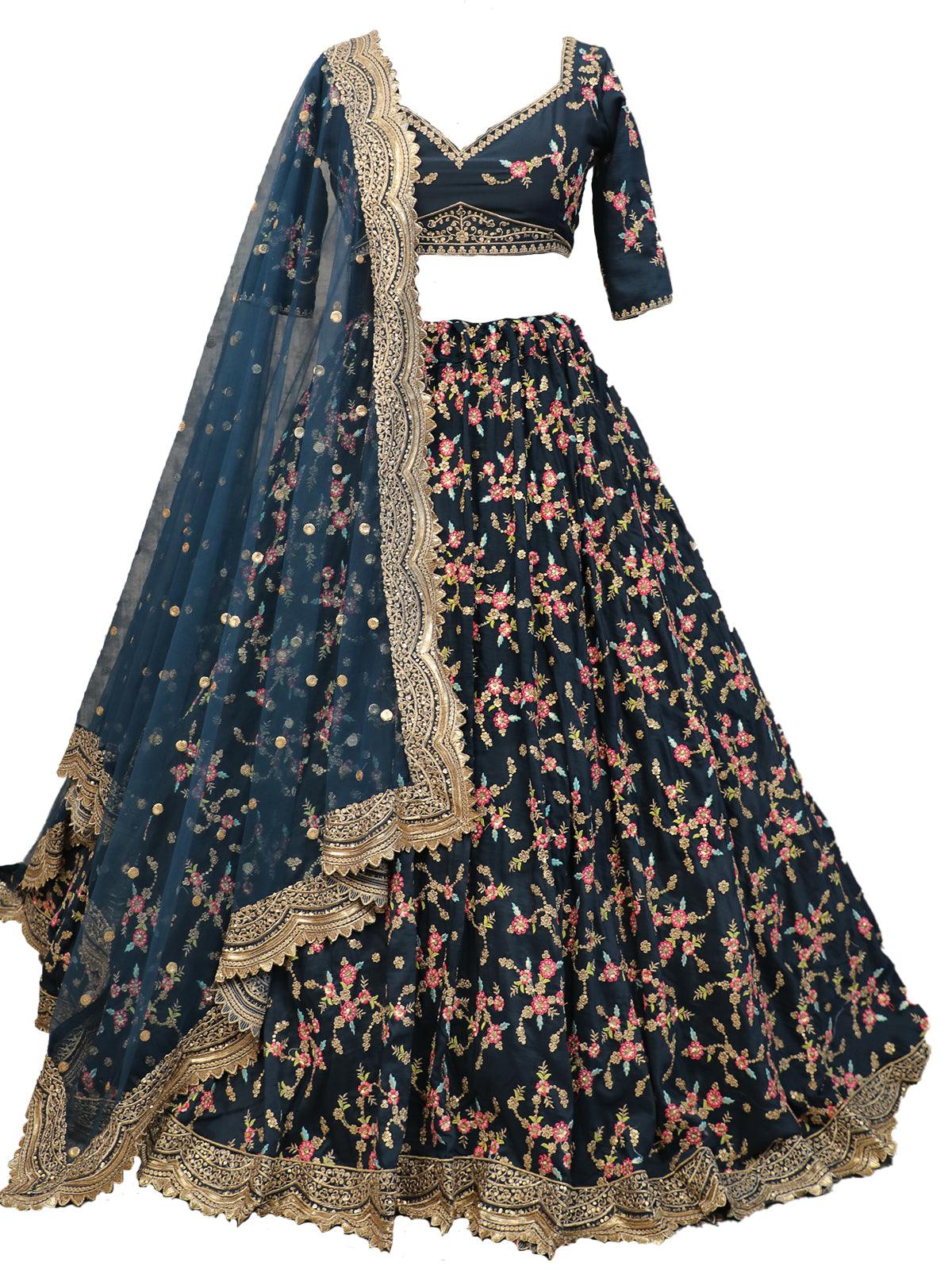 Odette Women Blue Floral Sassy Semi Stitched Lehenga With Unstitched Blouse