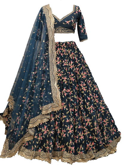 Odette Women Blue Floral Sassy Semi Stitched Lehenga With Unstitched Blouse