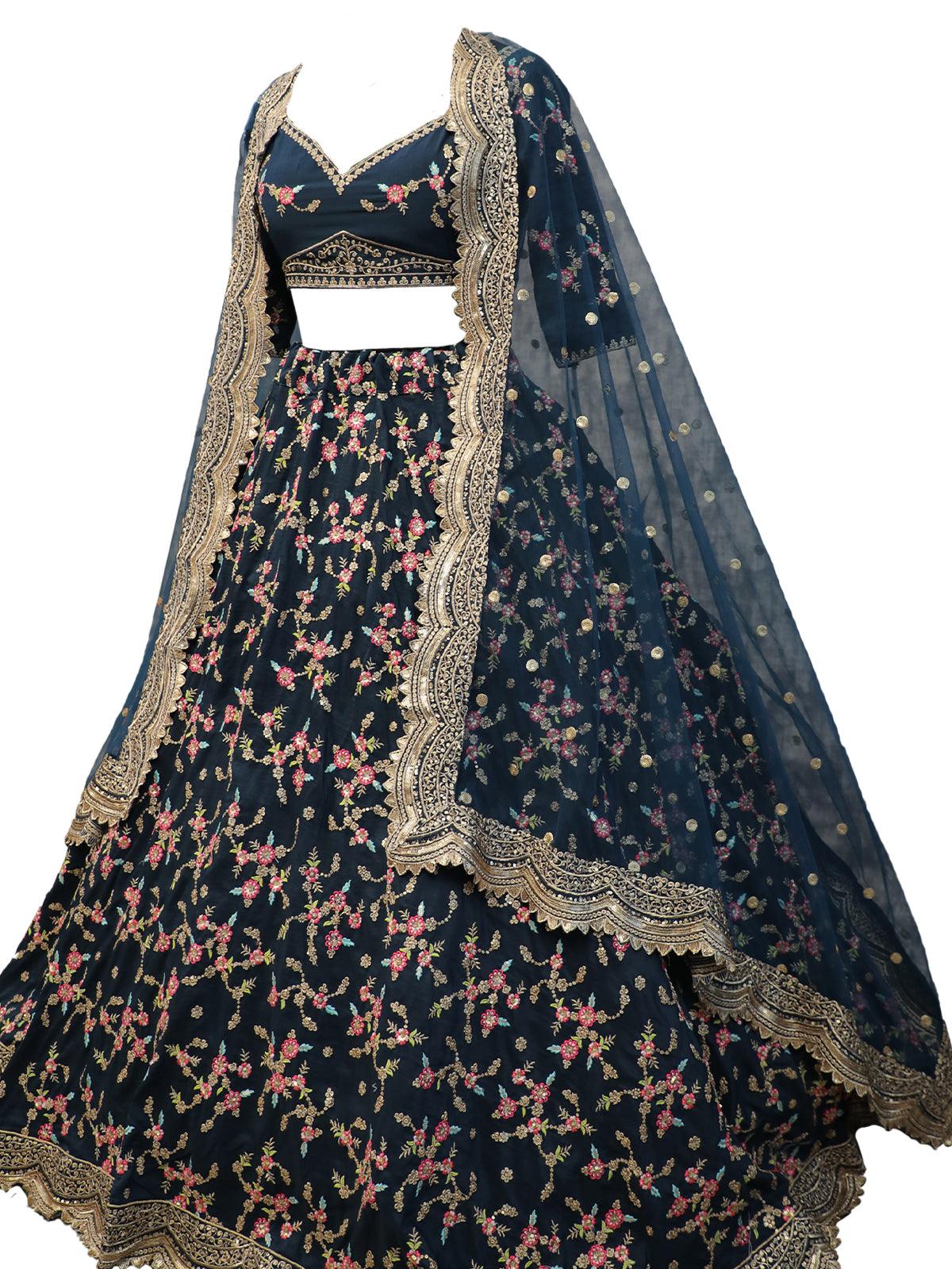 Odette Women Blue Floral Sassy Semi Stitched Lehenga With Unstitched Blouse